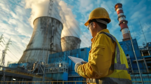 Nuclear power plant engineer A man with a beard in a protective helmet and an orange vest stands against the background of a nuclear power plant. Work inspection
