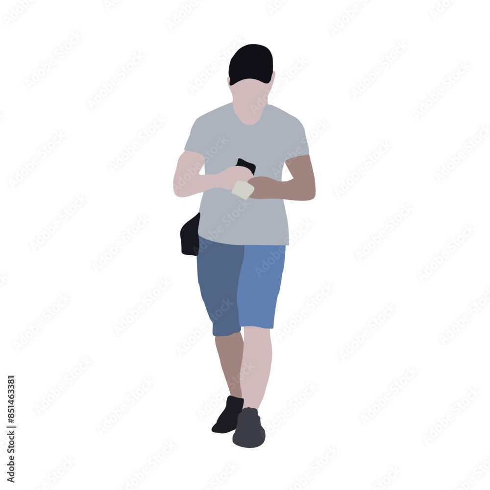 A man walks down the street in summer clothes. 2D image to use as entourage. Flat city vector infographic. Vector image of a running young man. Silhouette of a man in a sports uniform A man walks down the street in summer clothes. 2D image to use as entourage. Flat city vector infographic. Vector image of a running young man. Silhouette of a man in a sports uniform