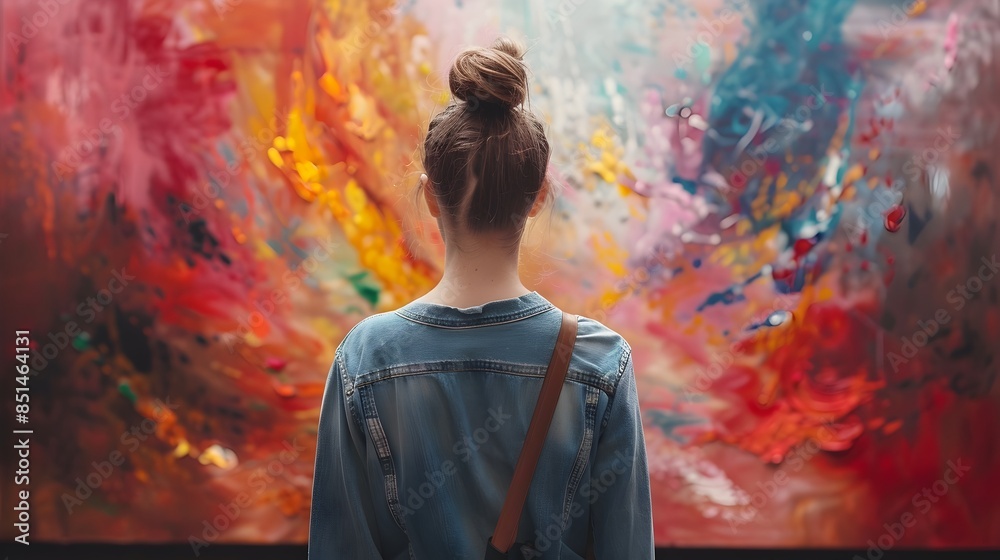 Fototapeta premium Woman Captivated by Magnificent Art Piece Awe and Human Emotions Concept with Vibrant Abstract Background