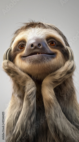 A closeup of a smiling sloth with its hands on its cheeks, exuding cuteness and joy in its natural habitat. Ideal for wildlife photography, animal-themed content, and nature conservation campaigns © Eugen