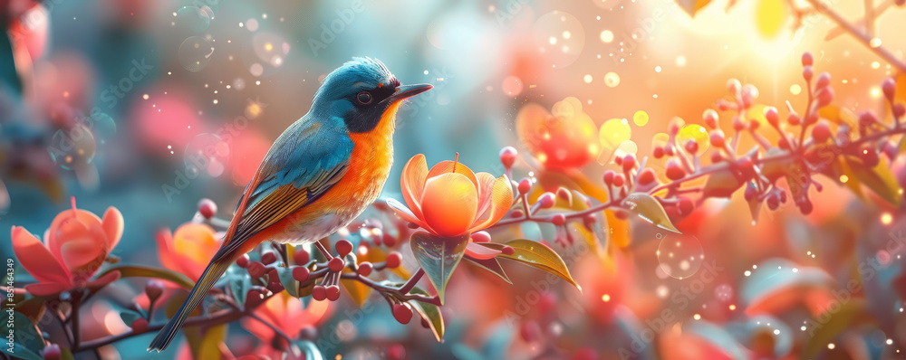 A stylized illustration of a vibrant tropical bird perched on a colorful flower, its plumage shimmering in the sunlight.