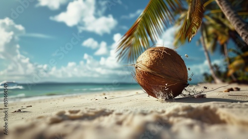 Fototapeta Naklejka Na Ścianę i Meble -  A coconut falling from a tree on beach on a seaside , sea fruits and beach party concept hot warm beach with beautiful sea and clouds background