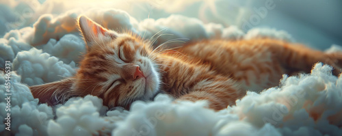 A heartwarming and adorable photography of a cute cat peacefully sleeping on a fluffy cloud, radiating pure serenity and comfort photo