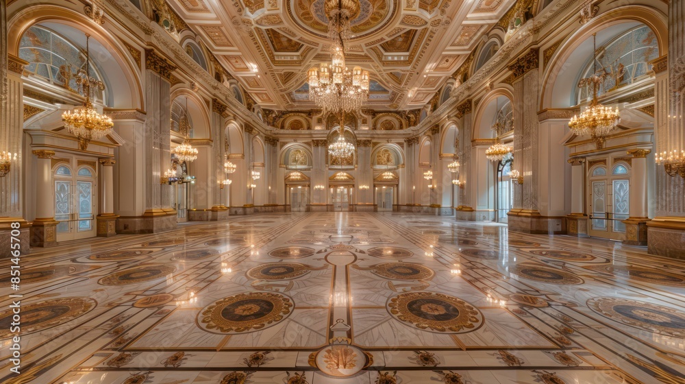 Fototapeta premium grand ballroom with a high ornate ceiling, intricate floor inlays, and opulent crystal chandeliers for hosting spectacular events