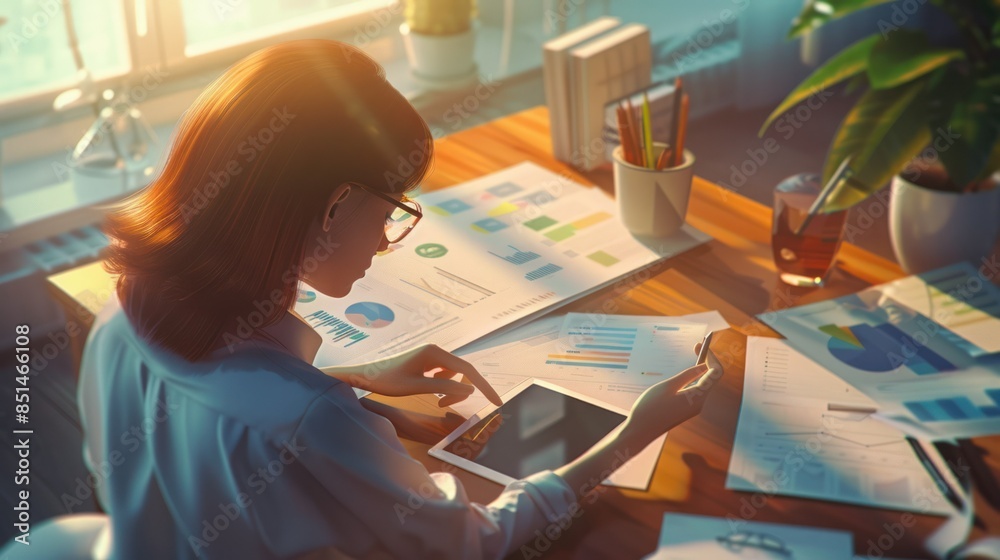 A woman working with digital tablet and documents at a sunlit desk. Business, analysis, and productivity tools are shown in a modern workspace. A woman working with digital tablet and documents at a sunlit desk. Business, analysis, and productivity tools are shown in a modern workspace.