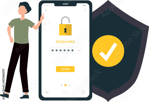 Boy is pointing at protective shield for mobile.