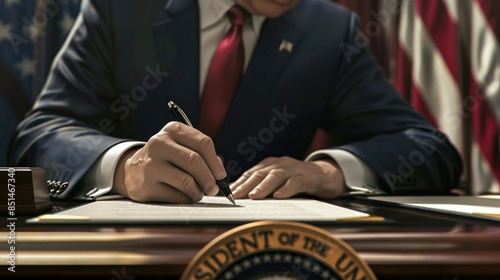 Close-up of a man signing an official document at a wooden desk with a seal, symbolizing authority and governance in a formal setting. photo