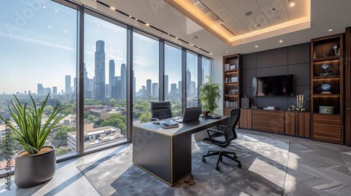 Modern Office with Large Windows Overlooking City, Elegant Black Desk, Grey Carpeting, Stylish Wooden Cabinets, Well-Lit with Natural Light, Contemporary Design, Professional Business Atmosphere