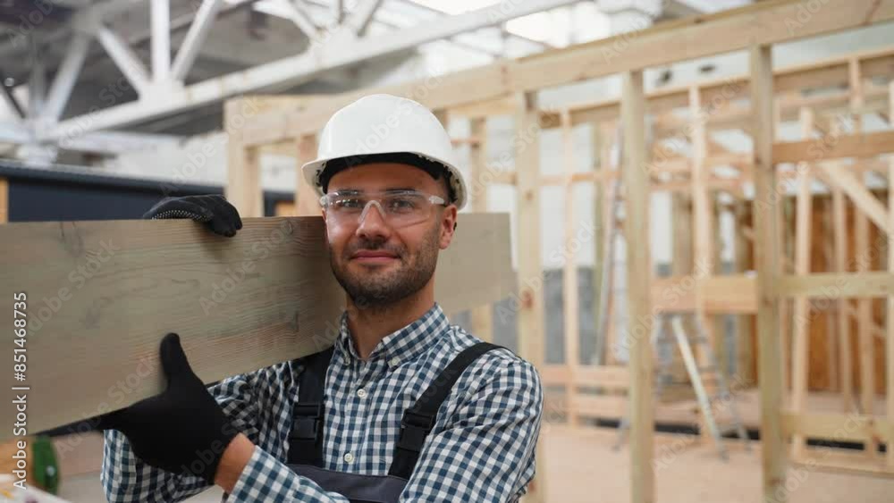 Worker carpenter in uniform with plank near unfinished prefabricated modular house in construction site