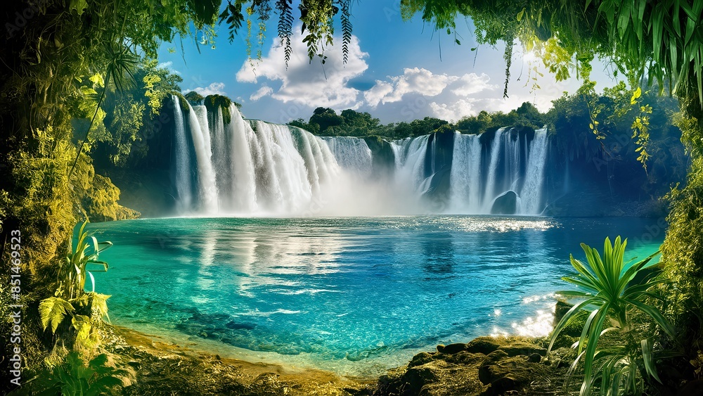 Fototapeta premium Sunlit Waterfall Flowing into a River Surrounded by Green Plants