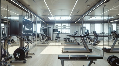 high-tech fitness room with the latest exercise equipment, a wall-mounted TV for workout videos, and mirrored walls to monitor form