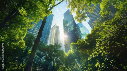 Modern skyscrapers rise above lush green trees, harmonizing nature and urban development under a bright sunny sky.