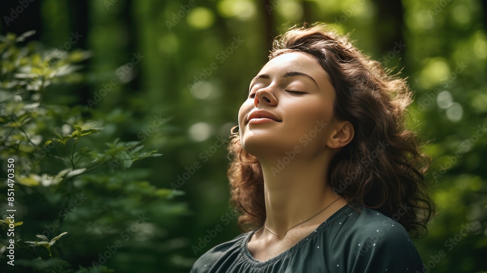 a relaxed woman, eyes closed, breathing fresh air in a green forest a relaxed woman, eyes closed, breathing fresh air in a green forest