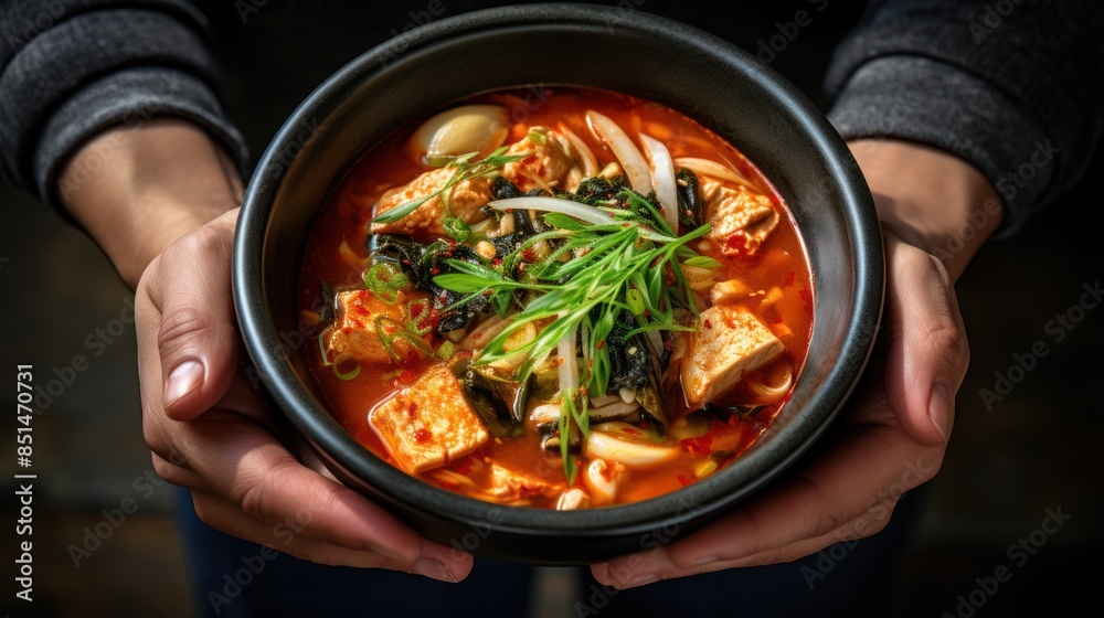 Top view of Kimchi soup with tofu and pork in a bowl holding by hand Top view of Kimchi soup with tofu and pork in a bowl holding by hand