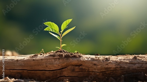 Tree growing on dry log natural background. 