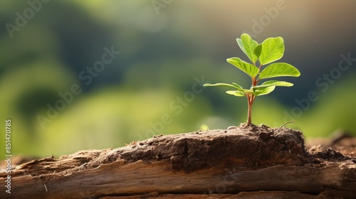 Tree growing on dry log natural background. 