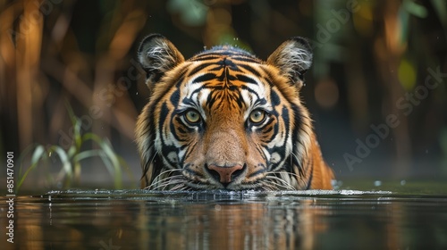 A majestic tiger stares intently from a shallow pool of water, its gaze piercing through the camera lens.