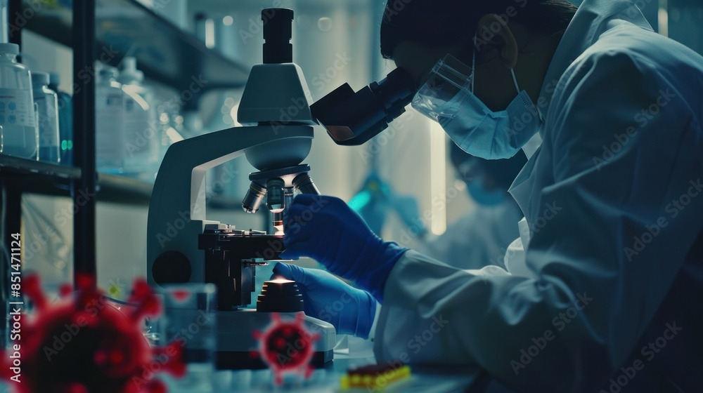 Scientist examining samples under a microscope in a laboratory, surrounded by scientific equipment and virus models. Scientist examining samples under a microscope in a laboratory, surrounded by scientific equipment and virus models.