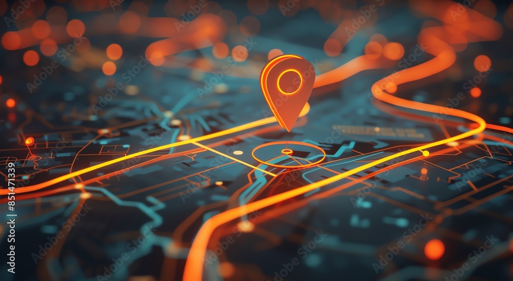 Digital Map with Location Pin and Blue Orange Glowing Pathways Stock ...
