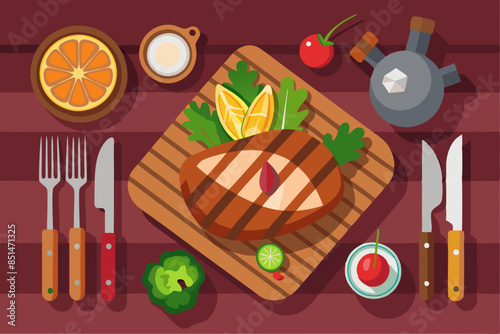 vector illustration of grilled meat served at the table, flat lay, barbecue background