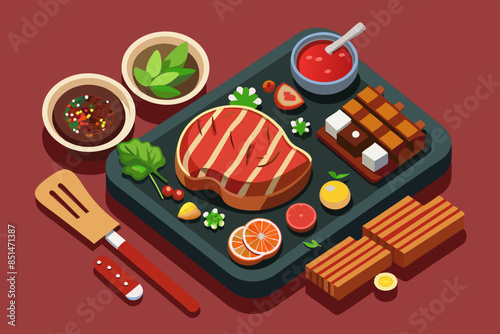 vector illustration of grilled meat served at the table, flat lay, barbecue background