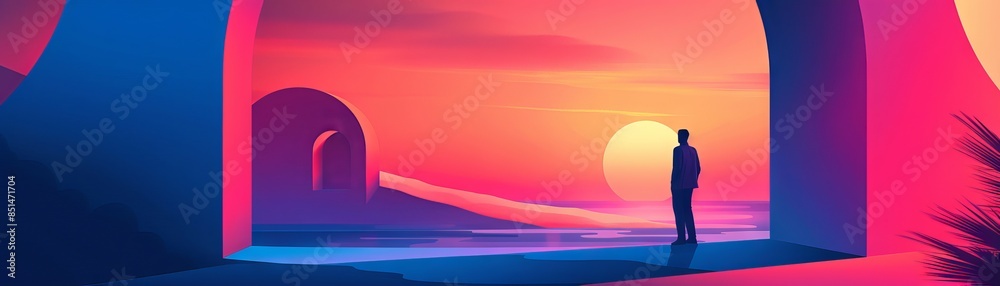 Fototapeta premium Silhouetted figure stands in surreal, vivid landscape with bold colors. Vibrant sunset through abstract architecture. Digital art scene.