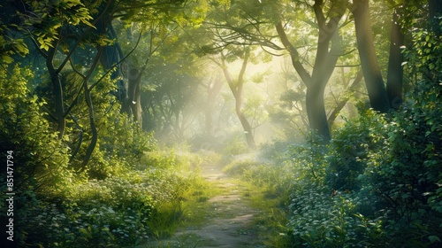 Sunlit forest pathway with lush green foliage and serene atmosphere, perfect for nature, tranquility, and outdoor themes.