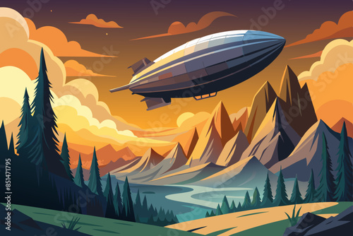 illustration of a zeppelin airship flying over a mountain, sunset, travel background