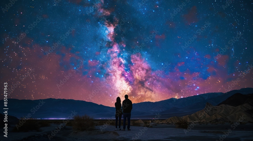 Obraz premium Two people standing under a vivid, star-filled night sky with the Milky Way galaxy above, creating a mesmerizing and romantic scene.