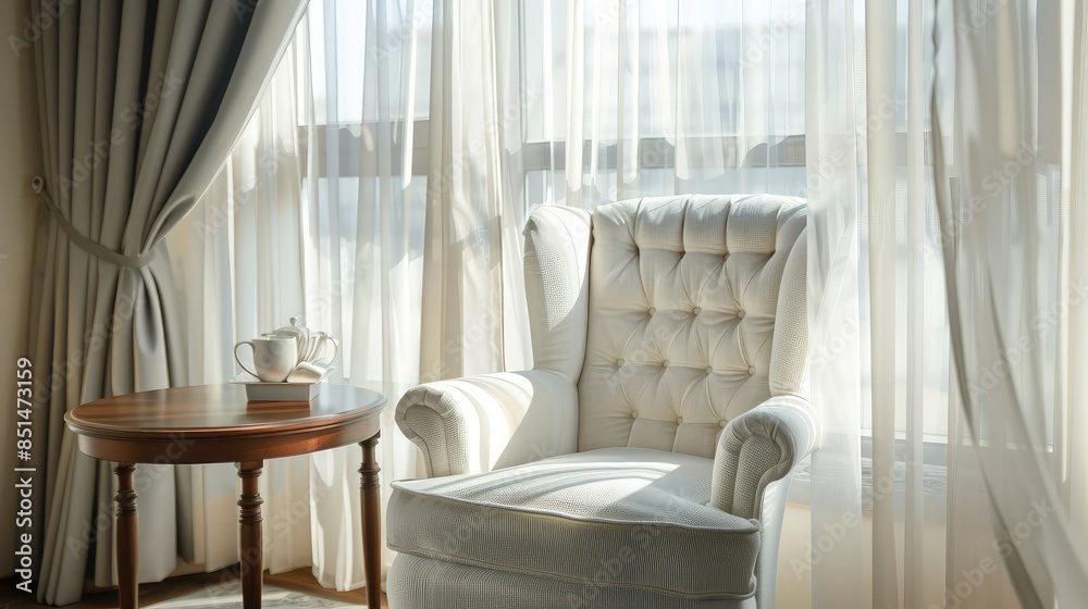 Close-up of a cozy reading corner with a white armchair and small table next to a window with sheer curtains in a hotel room Close-up of a cozy reading corner with a white armchair and small table next to a window with sheer curtains in a hotel room