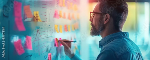 A project manager using a smartboard to illustrate project phases and deliverables, interactive, bright colors, digital illustration, highlighting visual communication photo