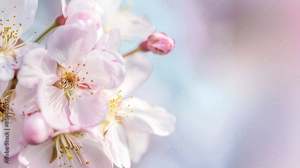 Cherry blossom border, macro view, soft pink petals, early spring light, high detail, blurred blue sky. Cherry blossom border, macro view, soft pink petals, early spring light, high detail, blurred blue sky.