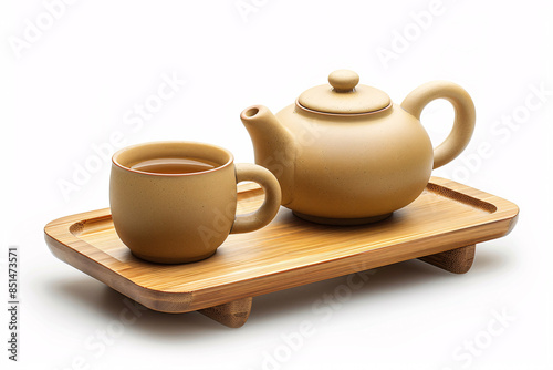 a teapot and a cup on a tray