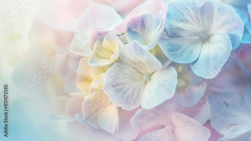 Hydrangea bloom, macro shot, light blue and pink hues, soft natural light, detailed textures, soft focus. 