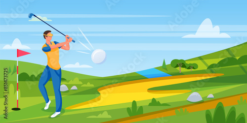 Young sports man playing golf, vector flat cartoon illustration. Golf tournament or competition banner flyer, ticket concept. Flying golf ball on green golf course background