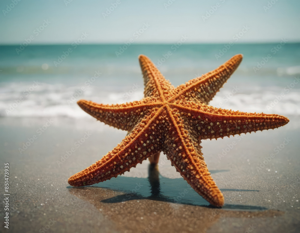 Una stella marina con un aspetto ruvido, posata sulla riva bagnata dal mare.
