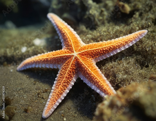 Una stella marina dalla forma unica, adagiata sulla spiaggia accanto a conchiglie.
