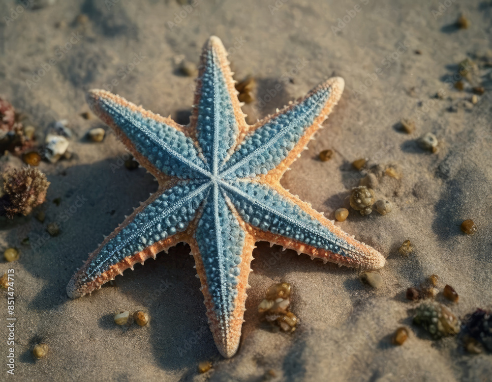 Una stella marina blu brillante, contrastante con la sabbia chiara.
Una stella marina blu brillante, contrastante con la sabbia chiara.