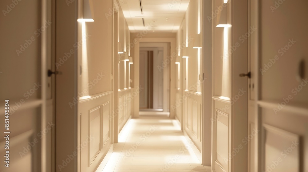 Close-up of a white hotel room hallway with doors leading to different rooms and soft lighting