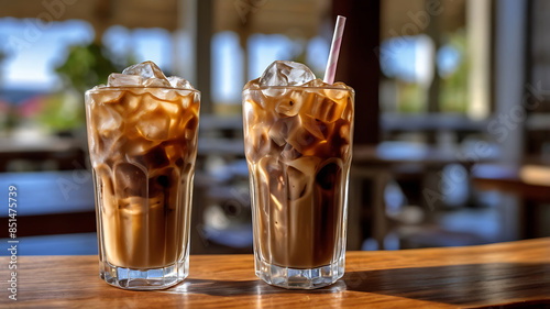 Iced coffee and milk on a wooden table The sunlight shines