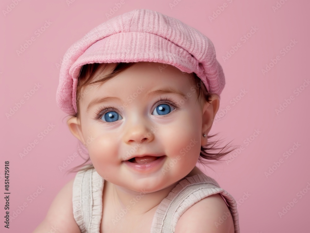 A baby wearing a pink hat and blue eyes A baby wearing a pink hat and blue eyes