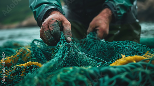 Close-up view of a man hands picking up a green fishing net. Waste in nature. Environmental Protection. Generative AI illustration 