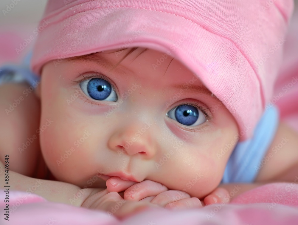 A baby wearing a pink hat and blue eyes A baby wearing a pink hat and blue eyes