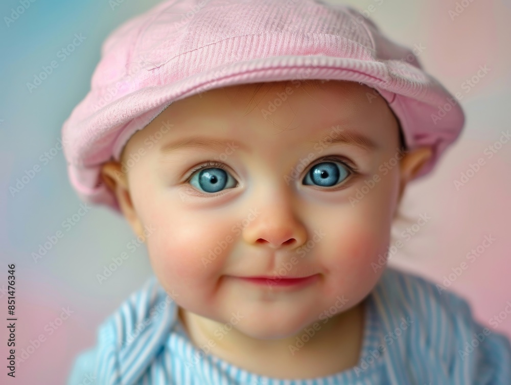 A baby wearing a pink hat and blue eyes A baby wearing a pink hat and blue eyes