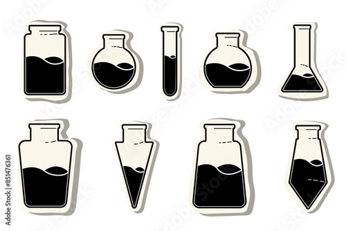 Sticker vector drawing of glass tubes, flasks for chemical experiments. Glass flask for alchemy, magic drinks. A set of flasks for the design of magical rituals.