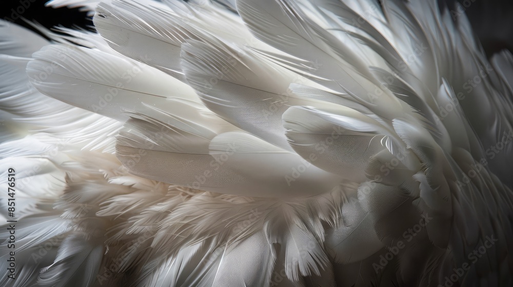 Fototapeta premium Close-up of soft and fluffy white chicken feathers against a contrasting dark background