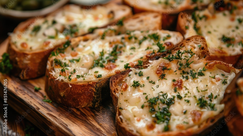 Close-up of toasted sliced bread with melted cheese and herbs on a wooden platter Close-up of toasted sliced bread with melted cheese and herbs on a wooden platter