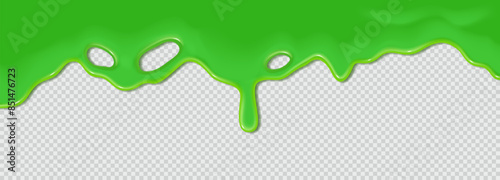 Green flowing toxic slime. Liquid wave of paint or sauce on transparent background. 3d realistic vector illustration. Halloween design. Flowing molten clot. Top horizontal border of the frame
