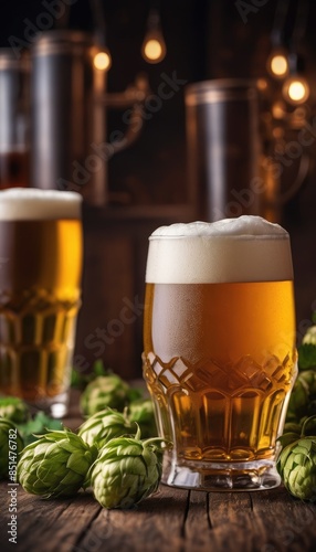 A cozy pub scene with three pints of freshly poured beer, surrounded by green hops on a wooden table, capturing the essence of traditional craft beer brewing