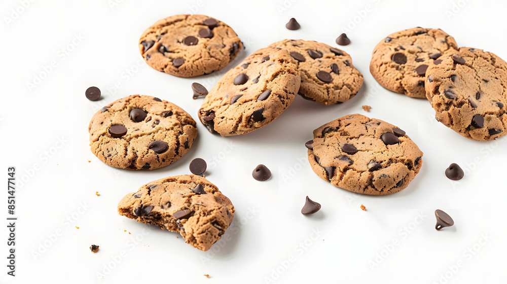 Collection of half chocolate chip cookies on white background Collection of half chocolate chip cookies on white background